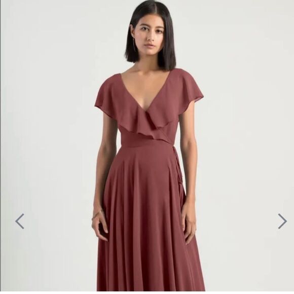 Jenny Yoo Maxi Dress Womens Size 2  Chiffon Bridesmaid  in Cinnamon Rose V Neck - Picture 1 of 16